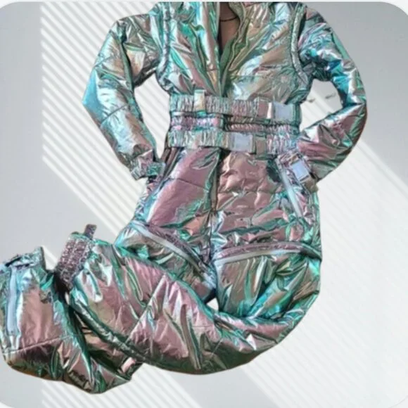 NWT Aurora Beam Holographic Snowsuit Sm Removable Sleeves Faux Fur Hood dopamine - Picture 7 of 9